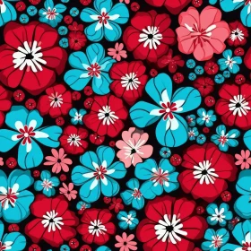 Cartoon Flowers Seamless Pattern - Black Background