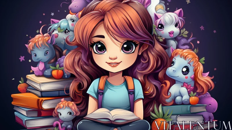 Cartoon Girl with Magical Creatures Reading Books AI Image