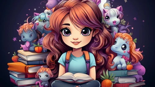 Cartoon Girl with Magical Creatures Reading Books