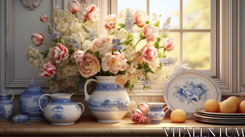 Charming Still Life of Flowers on Table AI Image