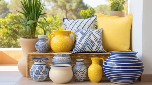 Colorful Ceramic Vases and Yellow Pillows Composition