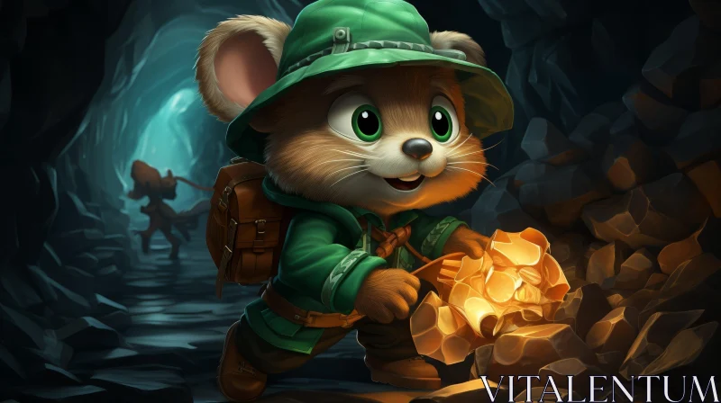 Curious Mouse Adventurer in Dark Cave with Gold Nugget AI Image