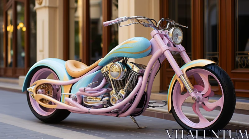 AI ART Custom Pink Chopper-Style Motorcycle Parked Outside Building