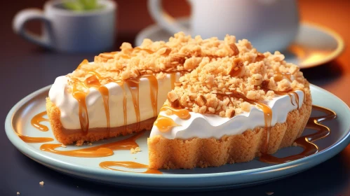 Delicious Cheesecake with Caramel Topping on Blue Plate