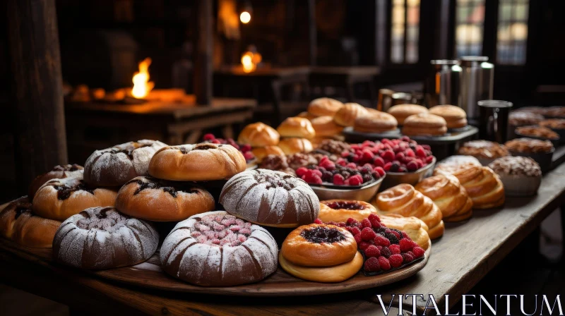 Delicious Pastries on Wooden Table with Fireplace AI Image