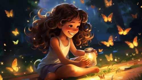 Enchanting Forest Scene with Young Girl and Fireflies