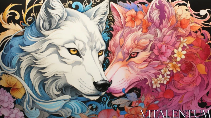 Enchanting Wolves with Floral Patterns AI Image