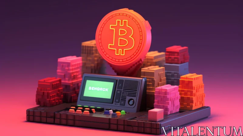 AI ART Glowing Bitcoin Computer in Retro City | 3D Illustration