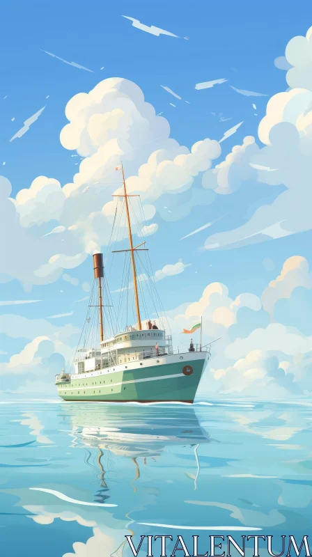 AI ART Green Steamship Sailing in Calm Sea - Digital Art