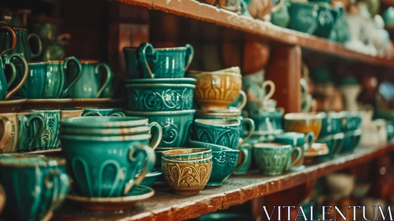 Handmade Ceramic Cups and Saucers on a Wooden Shelf AI Image