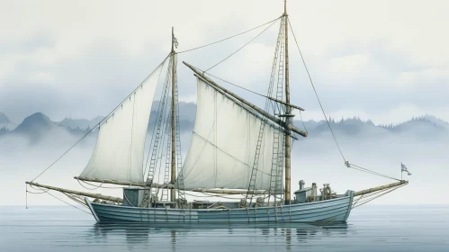Historical Sailing Ship at Sea with Mountains