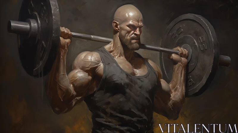 Muscular Bald Man Weightlifting Digital Painting AI Image
