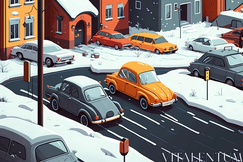 Nostalgic Cartoon City with Cars and Snow | Stylized Realism Art AI Image