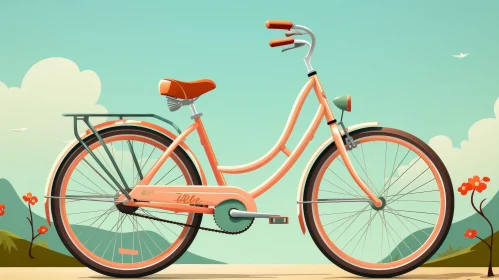 Pink Bicycle Cartoon Illustration on Blue Background
