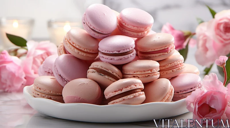 AI ART Pink Macarons on White Plate with Flowers