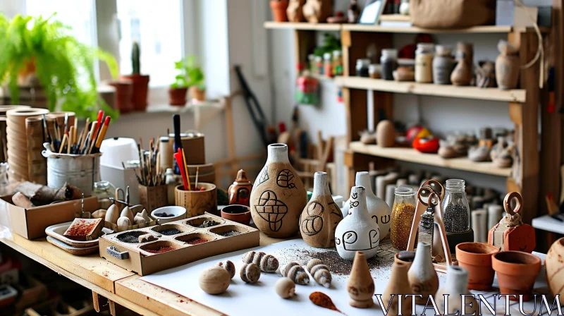 Pottery Studio Workbench: A Captivating Scene of Creativity AI Image