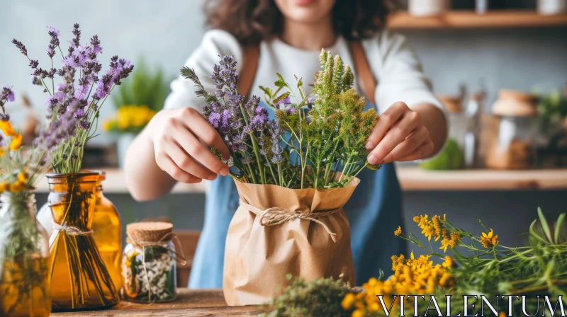 Rustic Kitchen: Young Woman with Lavender and Herbs AI Image
