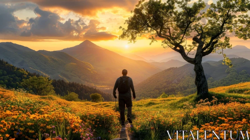 Serene Sunset: Man on Hilltop Amidst Mountains at Dusk AI Image