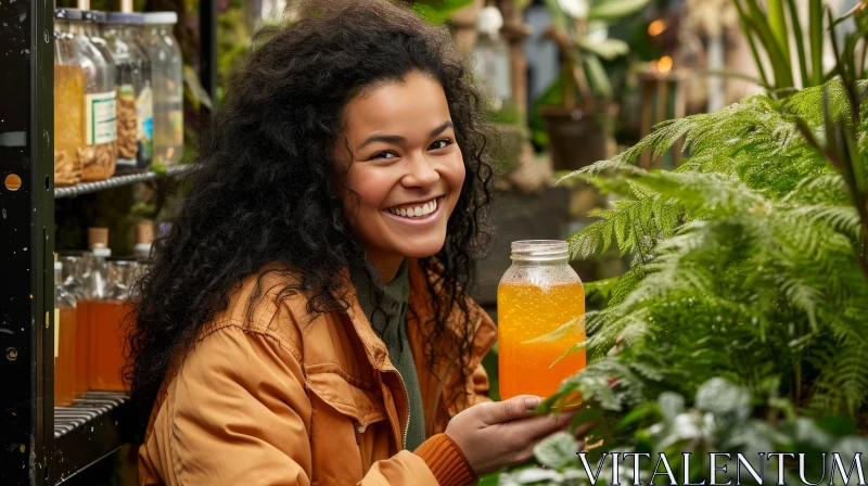 Smiling Woman with Curly Hair Holding Jar of Orange Juice in Greenhouse AI Image
