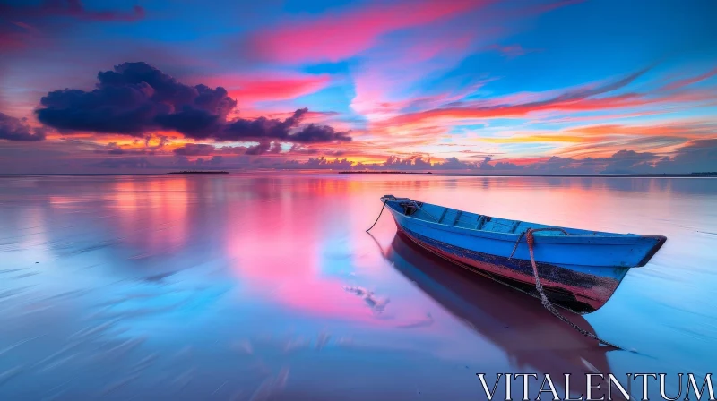 Tranquil Seascape: Boat under Colorful Sky AI Image