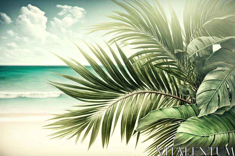 Tropical Leaves on the Beach: A Captivating Retro Artwork AI Image