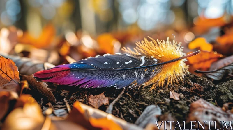 Vibrant Feather and Fallen Leaves in Forest - Nature Art AI Image