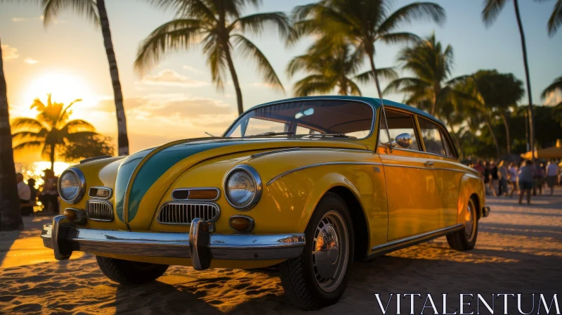 Vintage Car on Beach at Sunset AI Image