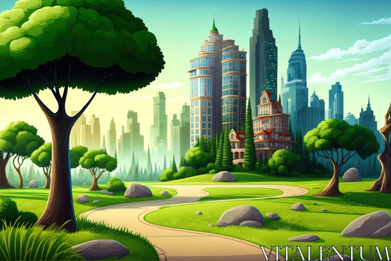 Whimsical Cartoon Cityscape with Nature-Inspired Art Nouveau Style AI Image