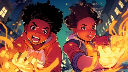 Young African-American Superheroes in Fiery Cityscape