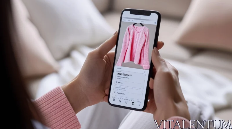 Young Woman Shopping Online with Smartphone | Stylish Pink Cardigan AI Image