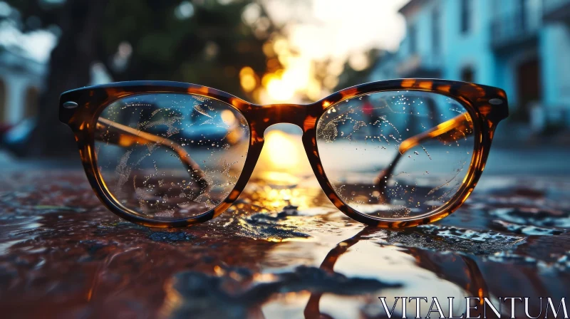 Close-Up of Brown Plastic Glasses with Water Droplets on Lenses AI Image