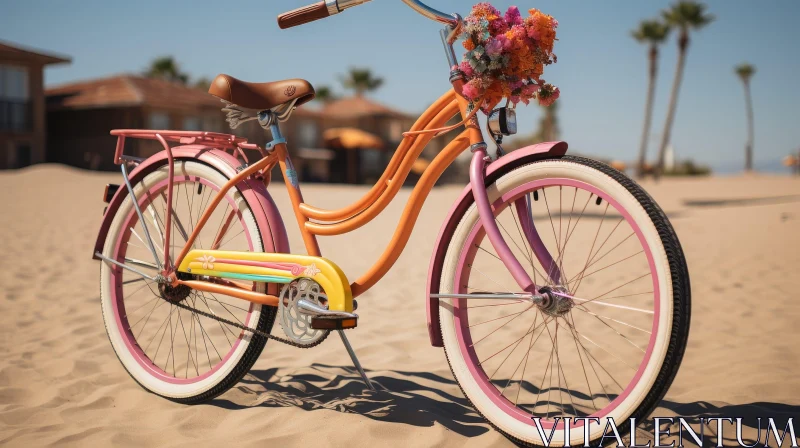 Colorful Bicycle on Beach with Flowers Basket AI Image