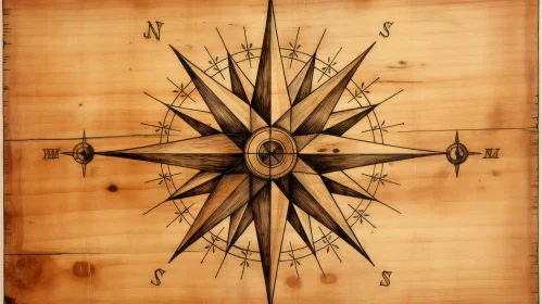 Compass Rose Drawing on Wooden Background