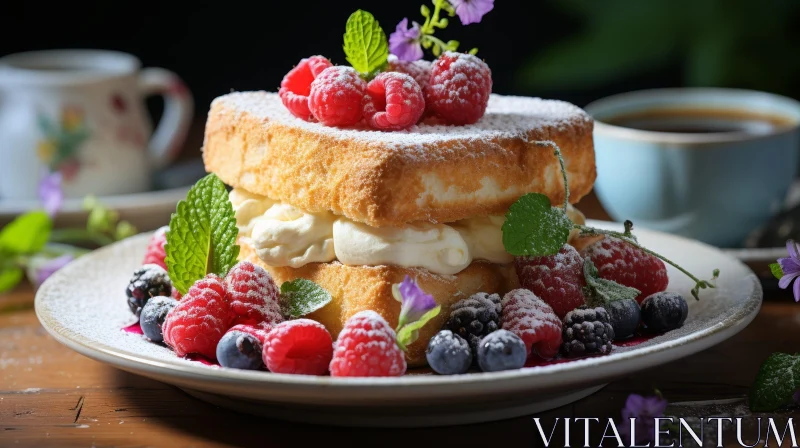 AI ART Delicious Sponge Cake with Cream and Berries on White Plate
