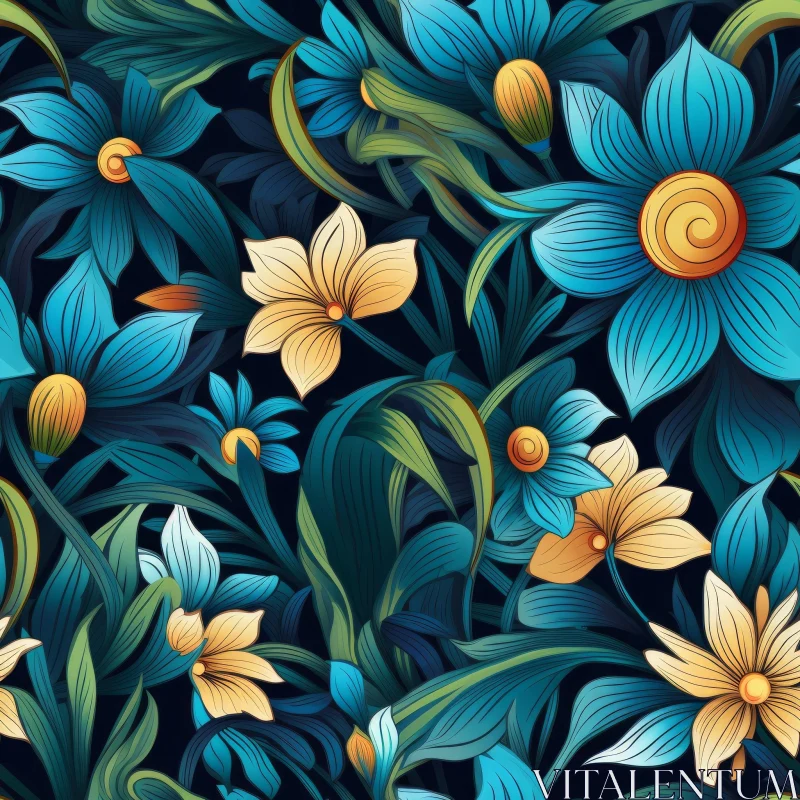 Elegant Blue and Yellow Floral Pattern AI Image
