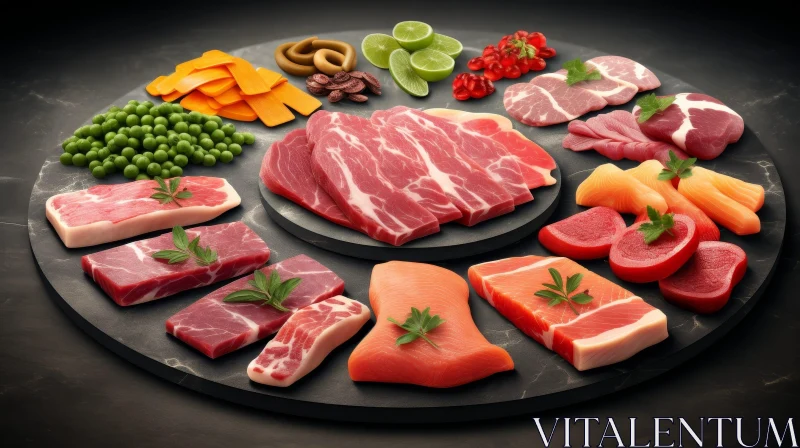 Exquisite Still Life of Meats, Fruits, and Vegetables on Marble Table AI Image