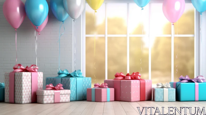 Festive Room Decor with Colorful Balloons and Gift Boxes AI Image