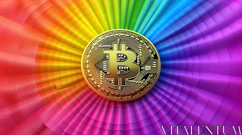 Gold Bitcoin Coin on Rainbow Gradient Background AI Image