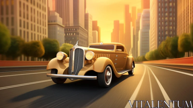 Golden Vintage Car Driving on City Road AI Image