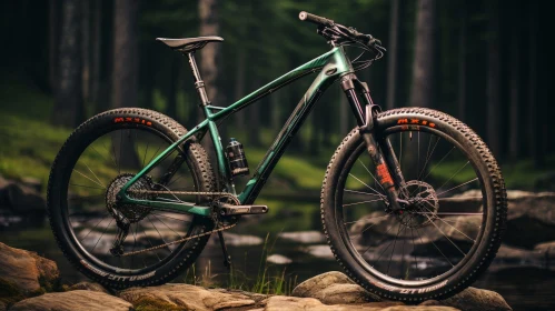 Green and Black Mountain Bike in Forest Setting