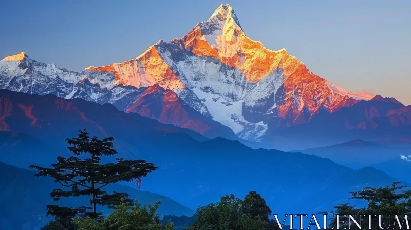 AI ART Majestic Snow-Capped Mountain Peak in Warm Sunlight
