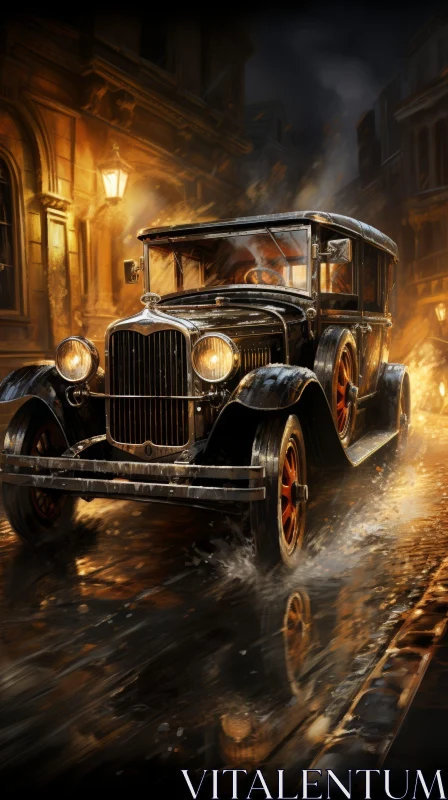 Night Cityscape with Vintage Car in Motion AI Image
