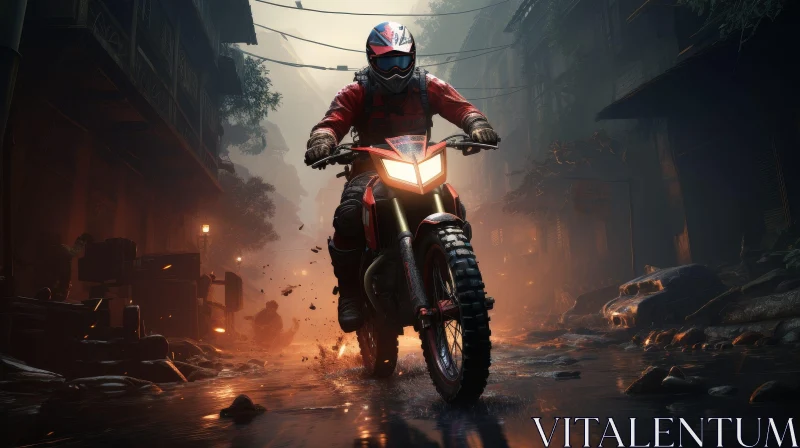 AI ART Post-Apocalyptic Motorcycle Rider in Flooded City