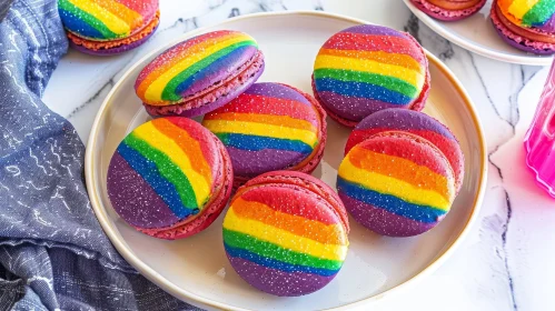 Rainbow-Colored Macarons on White Plate