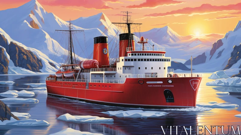 Red Ship Sailing Among Icebergs at Sunset AI Image