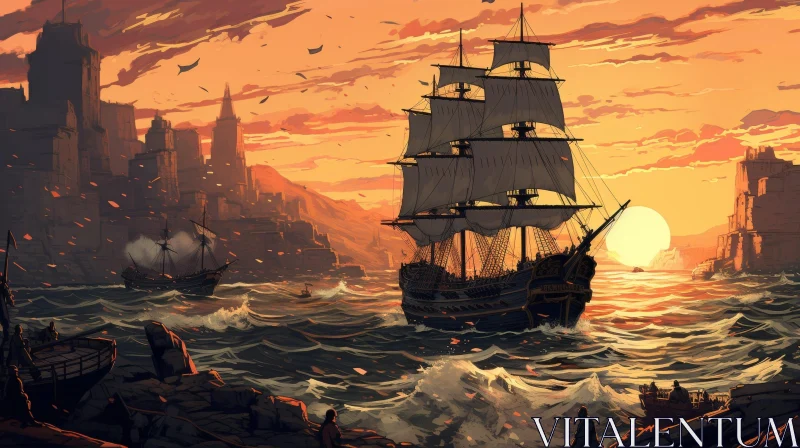 Sailing Ship at Sea - Cityscape Sunset Painting AI Image