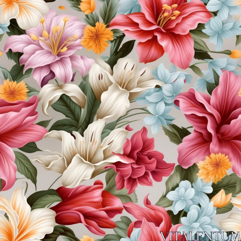 Seamless Floral Pattern with Lilies, Hibiscus, and Roses AI Image