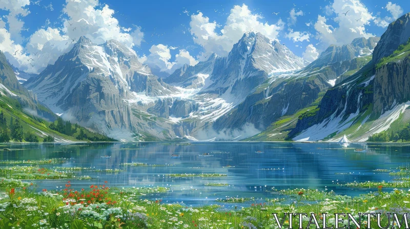 Tranquil Mountain Lake Summer Landscape AI Image