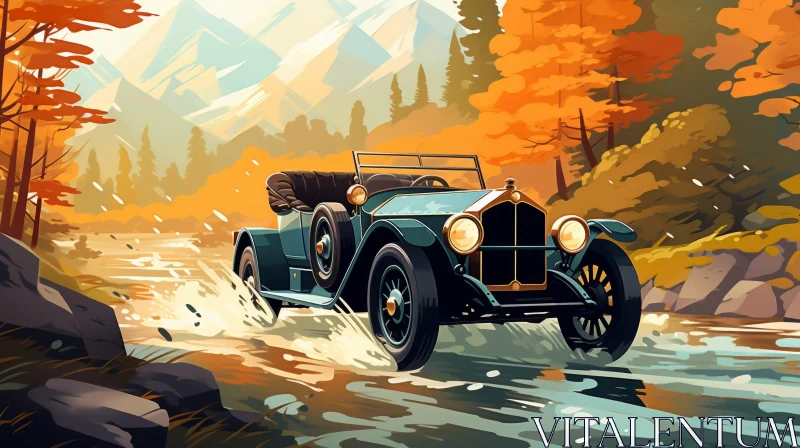 Vintage Car Driving Through River - Digital Painting AI Image