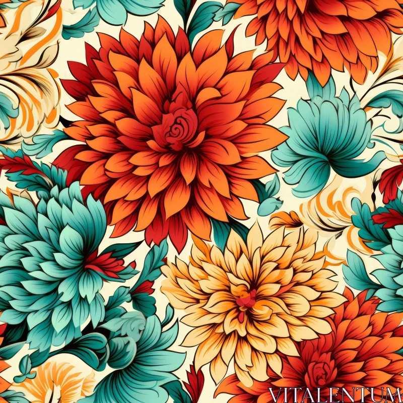Vintage Floral Pattern in Red, Orange, Teal, and Yellow AI Image